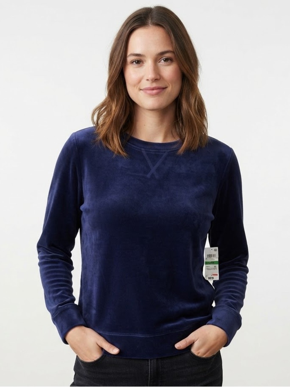 NWT Karen Scott Sport Navy Blue Velour Pullover Sweatshirt Size Large